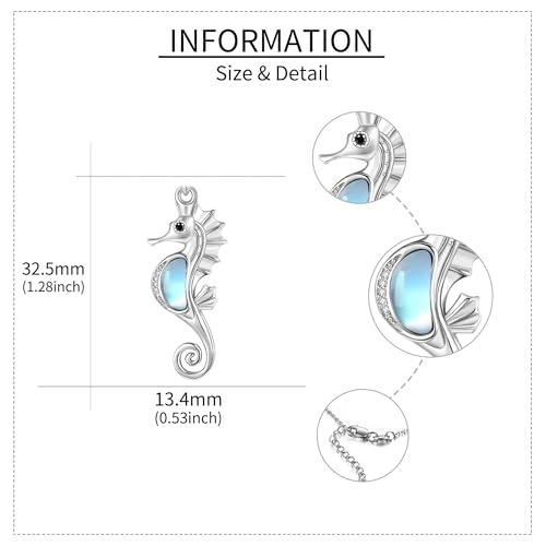 Sterling Silver Cute Animal Pendant Necklace Fox/Snake/Unicorn/Owl on Moon/Rabbit/Horse Necklace Jewelry for Women Mom Sister - style: Moonstone Seahorse