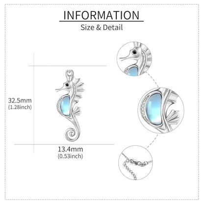 Sterling Silver Cute Animal Pendant Necklace Fox/Snake/Unicorn/Owl on Moon/Rabbit/Horse Necklace Jewelry for Women Mom Sister - style: Moonstone Seahorse