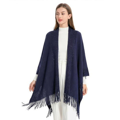 ZLYC Women's Shawl Golden Trim Knit Blanket Wrap Fringe Poncho Coat Cardigan - color: Navy