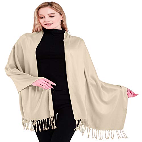 CJ Apparel Solid Color Tassels Design Nepalese Shawl Scarf Wrap Stole Throw Head Wrap Pashmina Gift Hand Made in Nepal New - color: Champagne