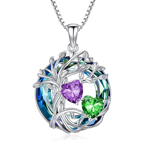 TOUPOP s925 Sterling Silver Family Celtic Tree of Life Pendant Necklaces with 2 Heart Birthstone with Blue Austrian Crystal Jewelry Birthday Valentines Day Gifts for Her, Anniversary Christmas Gifts for Wife Girlfriend Mom (18K Real White Gold Filled) - c