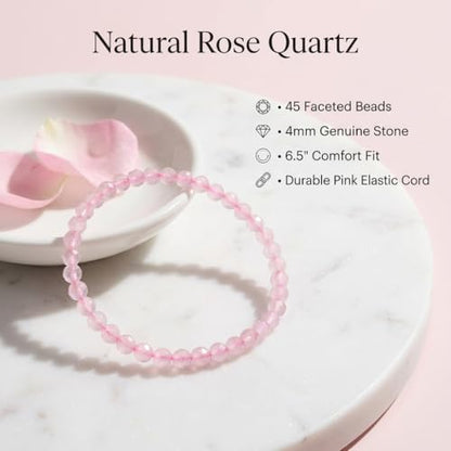 Angelstones Natural Gemstone Small Beaded Stretch Bracelet, 4mm Faceted Round Beads, Crystal Healing Bracelet for Women - color: Rose Quartz
