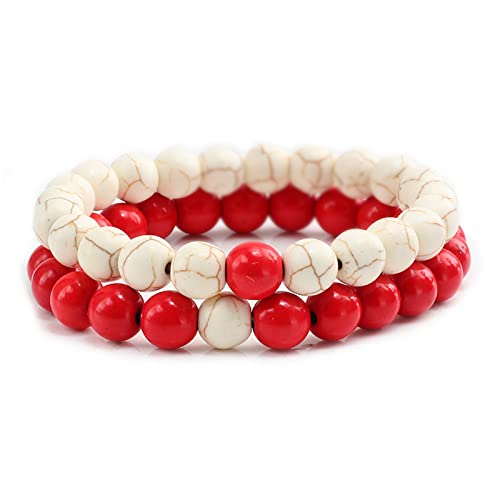 2Pcs Matte Lava Rock Volcanic Stone Beads Stretch Bracelet Stacking Frosted Gemstone Turquoise Seed Bracelet for Men Women Couple Stress Relief Aromatherapy Jewelry Gift - color: D red white