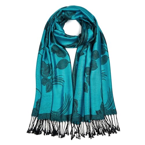 QIUTIMIY Paisley Pashmina Shawls and Wraps for Women Reversible Jacquard Festival Rave Pashmina Scarves with Fringe Vintage - color: Flower13-peacock Blue