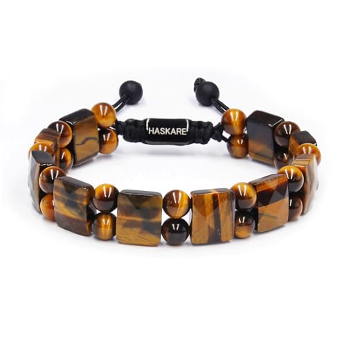 Tiger Eye Bracelet for Men, HASKARE Natural Men Beads Bracelet Energy Healing Stone Protection Crystals for Anxiety, Genuine Crystal Mens Beaded Bracelet Drawstring Unique Jewelry Gift for Mens Balance