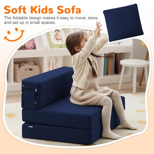 MeMoreCool Foldable Futon Chair Bed for Kids, Toddler Sofa Mattress, Convertible Foam Floor Couch, Tri-fold Sleeping Mattress (Navy) - color: Navy