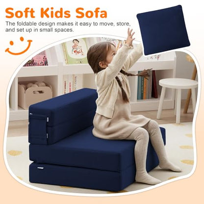 MeMoreCool Foldable Futon Chair Bed for Kids, Toddler Sofa Mattress, Convertible Foam Floor Couch, Tri-fold Sleeping Mattress (Navy) - color: Navy