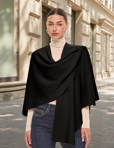 PULI Womens Large Cross Front Poncho Sweater Wrap Topper Knitted Elegant Shawls Cape for Fall Winter - color: 1-black