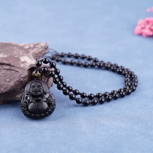 Black Obsidian Necklace Protection Pendant with Extended Bead Chain Healing Crystal Stone Amulet Necklace for Men Women - color: MaitreyaD