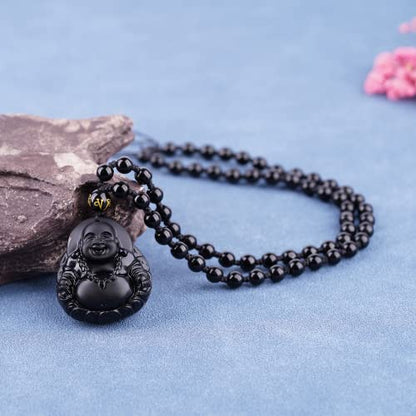 Black Obsidian Necklace Protection Pendant with Extended Bead Chain Healing Crystal Stone Amulet Necklace for Men Women - color: MaitreyaD