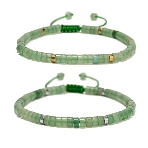 Mixed Gemstone Adjustable Braided Beaded Bracelet for Women, 2x4mm Heishi Disc Natural Healing Stone Summer Beach Jewelry, Yoga Gift for Her - color: Green Aventurine