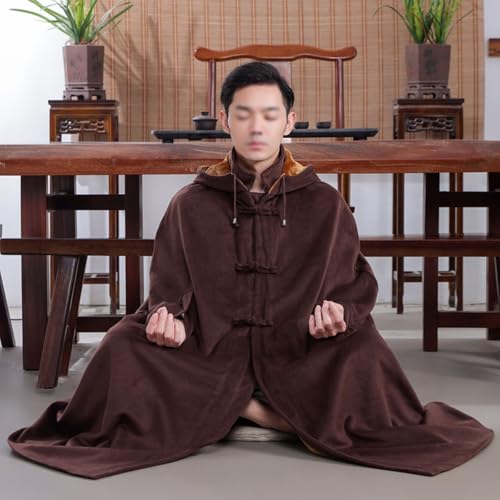 Meditation Prayer Hooded Cloak Long Button Down Unisex Cape Double Layer Warm Medieval Coat Poncho - color: Coffee, size: X-Large