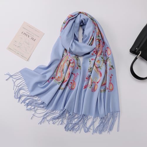 Embroidered Brushed Shawl Paisley Leaves Pattern Scarf Soft Ponchos Wrap Cape With Fringes - color: 033-baby Blue