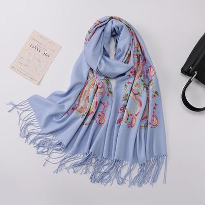 Embroidered Brushed Shawl Paisley Leaves Pattern Scarf Soft Ponchos Wrap Cape With Fringes - color: 033-baby Blue