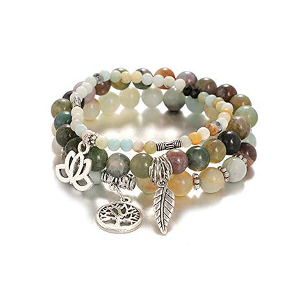 Tree of Life Yoga Healing Stone Bracelets,Multilayer Lotus Chakra Stone Reiki Bracelet Sets,Anxiety Crystal Natural Stone,for Women Stress Relief - style: Amazon Stone + Indian Agate