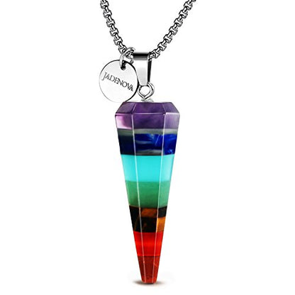 JADENOVA 7 Chakra Stones Necklace Gemstone Pendant Necklace Energy Healing Crystal Divination Pendulum For Women (Cone Hexagonal, 18 Inches Stainless Steel Chain) - style: Cone-shaped 7 Chakra Pendant Necklace