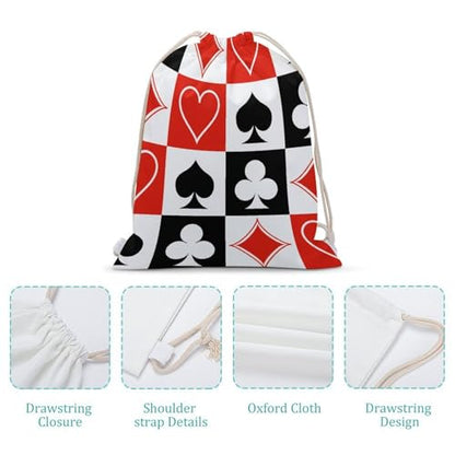 Suits Hearts Diamonds Clubs Spades Grid Poker Playing Cards Portable Canvas Drawstring Backpack with Drawstring Pockets 30x40cm - color: Suits Hearts Diamonds Clubs Spades Grid Poker, size: 30x40cm