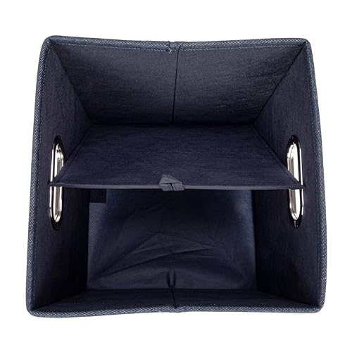 Household Essentials Collapsible Cotton Blend Cube Storage Box with Lid and Metal Grommet Handle, Set of 2, Denim - color: Denim
