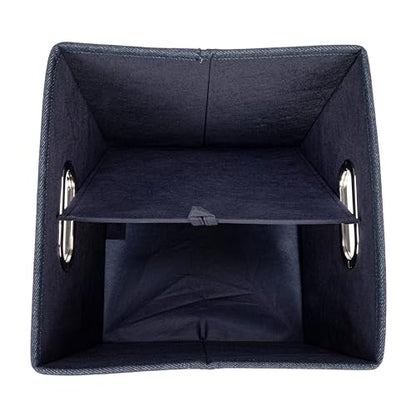 Household Essentials Collapsible Cotton Blend Cube Storage Box with Lid and Metal Grommet Handle, Set of 2, Denim - color: Denim