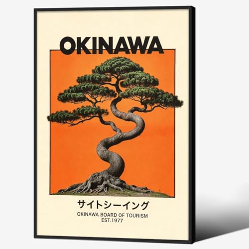 Japanese Black Framed Wall Art Okinawa Prints Vintage Japanese Bonsai Tree Picture Modern Ukiyo-e Decor Poster (16x24in Orange) for Bedroom Home Decorations Painting Artwork - color: Japanese Art, size: 24"L x 16"W, style: Framed