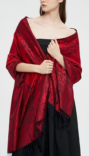 Pashmina Shawl Wrap with Ethnic Paisley Two Tone Jacquard Scarf for Women - color: Paisley-black Red