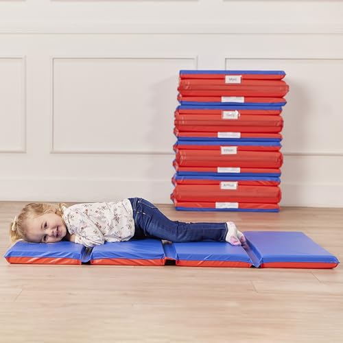 ECR4Kids Premium Folding Rest Mat, 4-Section, 2in, Sleeping Pad, Blue/Red