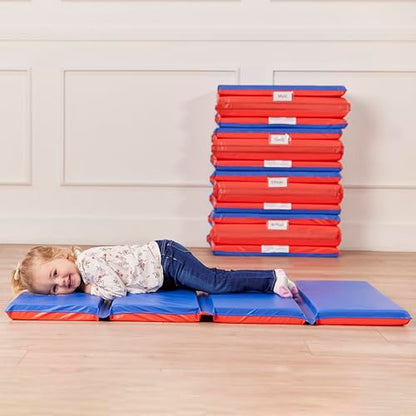 ECR4Kids Premium Folding Rest Mat, 4-Section, 2in, Sleeping Pad, Blue/Red