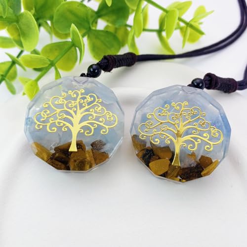 EDEN'S CALL Orgone Necklace, Tree of Life Orgonite Healing Crystal Stone Pendant Necklace for Spiritual Healing and Meditation Energy Talisman Sacred Geometry Tiger's Eye Necklaces - color: #1 Blue/Aquamarine + Tiger's Eye
