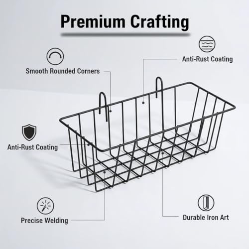 10 PCS Grid Wall Baskets and Bins, No Drilling Small Hook Basket Set for Wall Grid Panel, Wire Storage Basket for Kitchen Bathroom Home Decor Supplies, Black