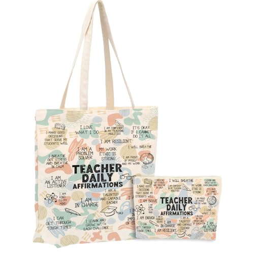 Daily Reminders for Women, Gifts，2PCS Makeup Cosmetic Bag Canvas Tote Bag Beach Bag for Shopping Work Office, Teacher Appreciation Gifts Mental Health Gift for Female Teacher Friend Birthday - color: Teacher Affirmations 0907
