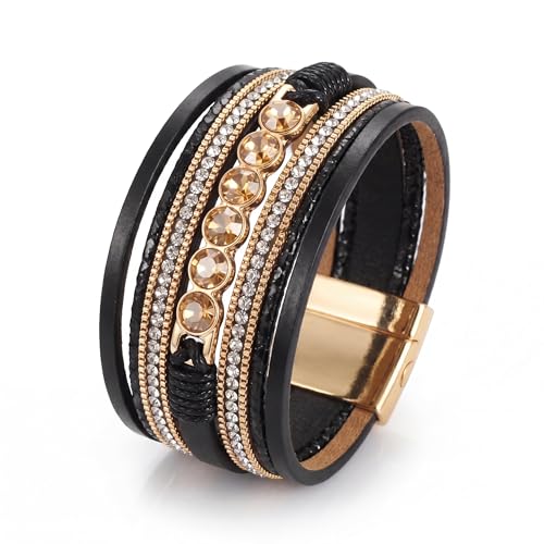 Edoneery Leather Wrap Bracelet for Women, Boho Handmade Multi-Layer Cuff with Crystal Beads Heart, Stackable Bangle Western Jewelry Gift - style: 6 Rhinestone(Black)