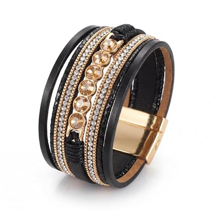 Edoneery Leather Wrap Bracelet for Women, Boho Handmade Multi-Layer Cuff with Crystal Beads Heart, Stackable Bangle Western Jewelry Gift - style: 6 Rhinestone(Black)