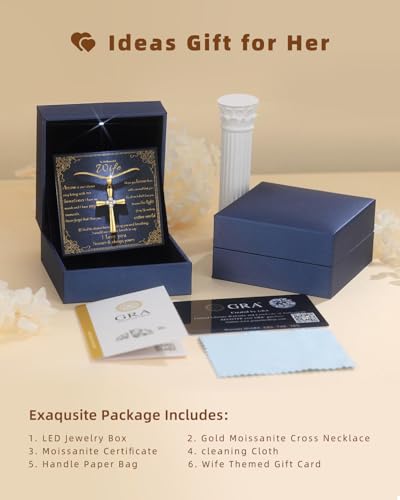 1CT Moissanite Cross Necklace for Women Wife, 18K Gold Filled or Sterling Silver Cross Pendant Chain Jewelry,Anniversary Birthday Gifts for Women Wife Her with LED Light-Up Gift Box and Gift Card - style: Gold-To My Beautiful Wife Card