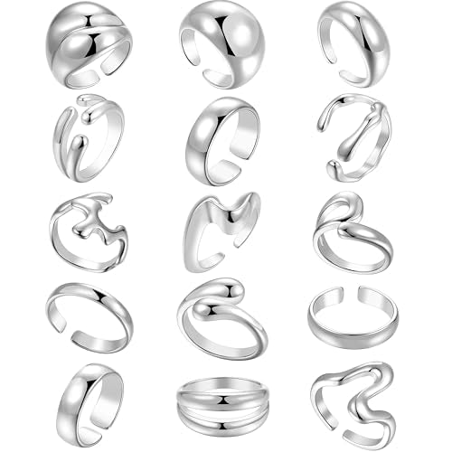 16 PCS Gold Chunky Rings Set for Women, 14k Gold Plated Thick Dome Stackable Open Rings Trendy Dainty Minimalist Jewelry Gifts - color: 02-Silver