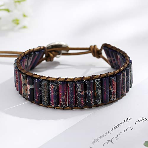 Women Boho Handmade Natural Stone Crystal Leather Bead Wrap Bracelets Collection - style: Purple Jasper 1W