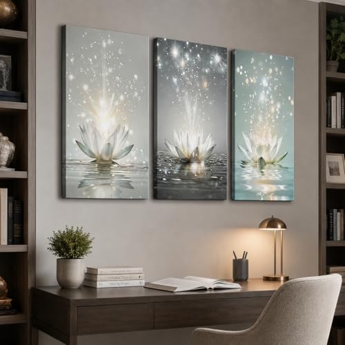 ANRUOXI Canvas Prints Art, White Lotus Floral Pictures Wall Art for Zen Office Bedroom Bathroom Decor, Yoga Meditation Home Room Poster, Modern Artwork Spa Room Art Painting, Framed Ready to Hang - color: 3Zen Art02, size: 24"L x 16"W (3pcs)