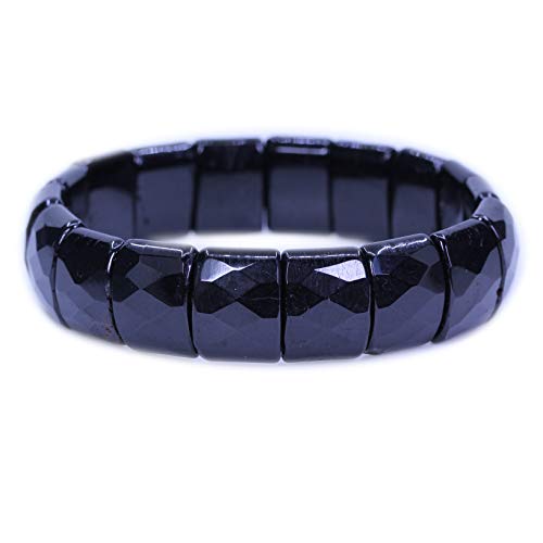 Keleny Gemstones Semi Precious 15mm Square Grain Faceted Beaded Stretch Bangle 7.5 Inch Unisex - color: Black Tourmaline