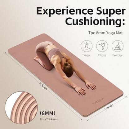 PAIDU Yoga Mat 8mm Super Thick TPE Fitness Mat | SGS Certified | Non-Slip, Odorless & Tear-Resistant | Unisex with Strap | for Yoga, Pilates, Meditation & Home Workouts - color: Brown&Apricot