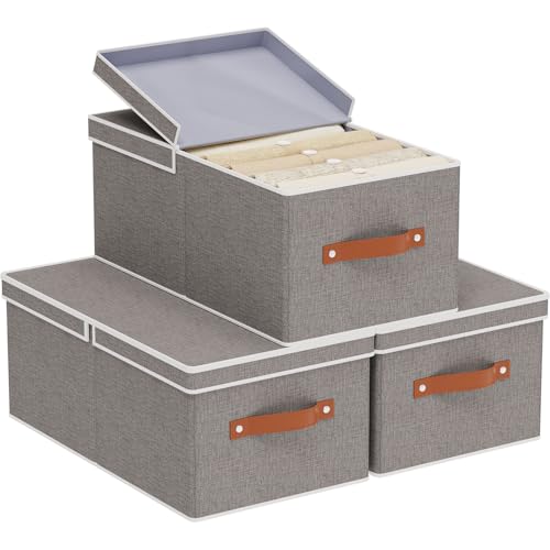 3-Pack Storage Boxes, Foldable Blanket Basket with Detachable Lid, Linen Closet 0rganizers with Double Handles, Collapsible Cubes for Organizing, Grey, 18.5 x 11 x 7.9 in