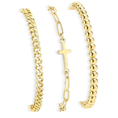 3mm Diamond Classic Tennis Bracelet for Women Dainty, Gold Jesus Cross Bracelets Trendy, 14K Gold Plated Heart/Evil Eye/Pearl/Starfish & Seashell Charm Bracelets for Women Bulk - style: Cross Beaded Cuban-Gold