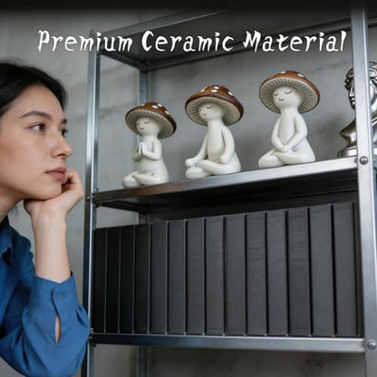 Ceramic Mushroom Yoga Figurines Set, Meditation Decor for Home, 3-Piece Mushroom Figurines in Yoga Poses, Whimsical Zen Decor for Shelf, Desk, Yoga Room