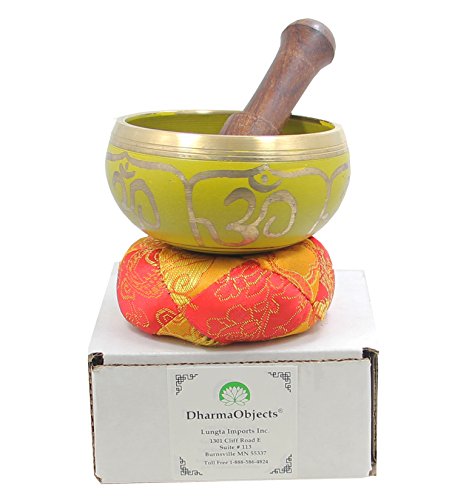 DharmaObjects Tibetan Relaxing Om Singing Bowl/Cushion/Mallet (Yellow) - color: Yellow, size: Small