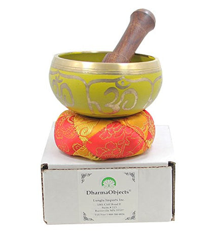DharmaObjects Tibetan Relaxing Om Singing Bowl/Cushion/Mallet (Yellow) - color: Yellow, size: Small