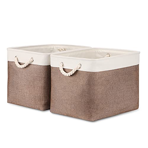 Bidtakay Large Storage Baskets with Handles for Organizing 16" x 11.8" x 11.8" Rustic Shelf Baskets [2-Pack] Foldable Clothes Baskets Fabric Collapsible Bins for Closet (White&Earthy Brown) - color: White&Earthy Brown, size: 2 Pack-L-16x11.8x11.8 In