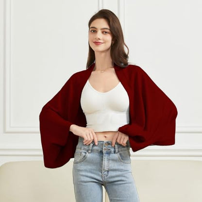 BRYCTSISEN Women's Lightweight Wool Shawl Wrap Scarf with Sleeves Outer Warm Knitted Open Front Poncho Cape Fall Winter - color: Wine Red