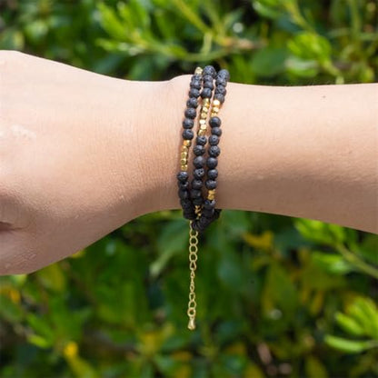 4mm Mini Beads Natural Stone Adjustable Bracelet For Women, Energy Charm Jewelry, Birthday Gift - color: Lava Stone