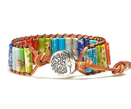 7 Chakra Bracelet Bohemian Handmade Leather Wrap Healing Protection Natural Stone Yoga Beaded Bracelets Boho Friendship Jewelry - color: Chakra 6