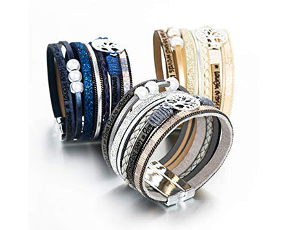 Fesciory Leather Wrap Bracelets for Women, Boho Leopard Multi-Layer Crystal Beads Cuff Bracelet Jewelry - color: B26:Tree of Life(Blue)