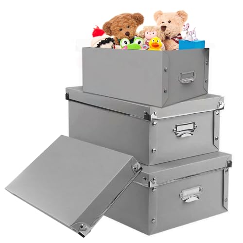XUCHUN Foldable Plastic Storage Boxes with Lids - Decorative Organizer for Clothes, Shoes, Office & Keepsakes | Multi-Size Nesting Design, Space-Saving Memory Box - color: grey 3 pcs