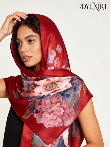 100% Mulberry Silk Oversized Women’s Sun-Shielding Shawl Formal Evening Neckwear Featherlight Airy - color: N11-crimson Peony Scarf（69" X 21"inch）